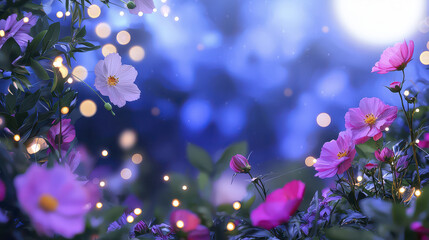 Whimsical illustration of magical flowers in dreamy garden with soft bokeh lights creating serene atmosphere