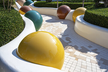 Whimsical playground features colorful spherical structures along winding pathway, creating playful atmosphere