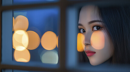 Woman gazes through window, illuminated by soft bokeh lights, creating serene and contemplative atmosphere