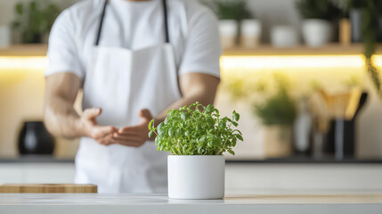 Person kitchen setting presents small potted plant, showcasing vibrant green herb. atmosphere is bright and inviting