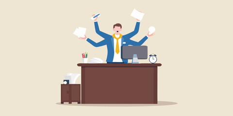 Overwhelmed businessman joyfully juggling papers and work at his desk
