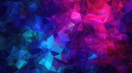 Abstract, geometric artwork composed of triangular shapes in a gradient of blues and pinks