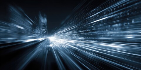 Blurred motion abstract city with digital data overlay in cool tones