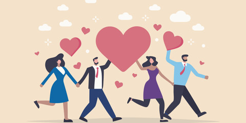 People celebrating love with hearts floating in a cheerful pastel background