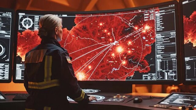 Female firefighter monitoring a global crisis map displaying red hotspots and network connections on multiple computer screens in a dimly lit command center