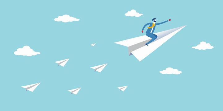 A businessman flies through the sky on a paper airplane achieving his goals