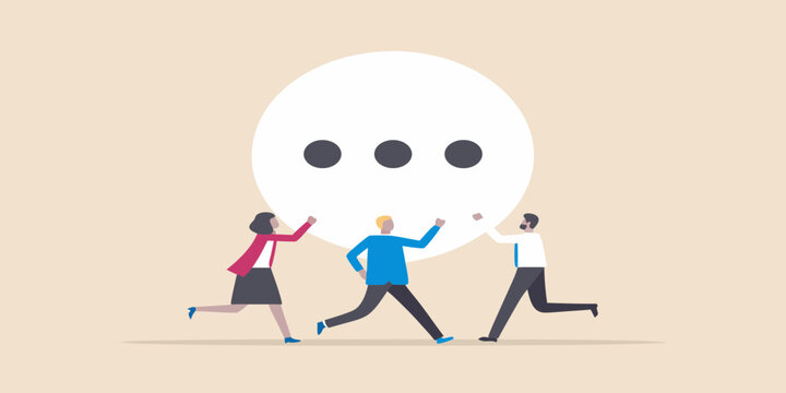 People reaching towards a speech bubble representing communication and discussion