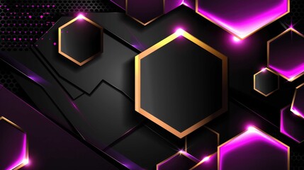 Abstract geometric artwork with gold trim, black shapes, and magenta glowing highlights