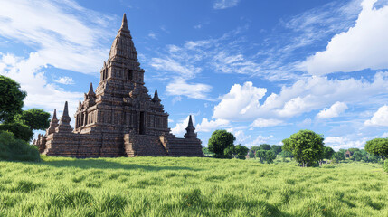 Ancient temple with towering spires stands majestically lush green landscape bright blue sky, evoking sense of wonder