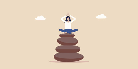 A person meditating on a stack of balanced stones with clouds above