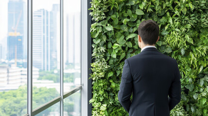 Professional man suit stands front of vertical garden, gazing out city skyline. lush greenery contrasts with urban environment