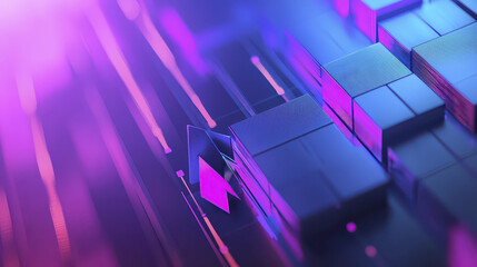 Vibrant digital landscape featuring geometric shapes and blocks illuminated by purple and blue lights, creating futuristic