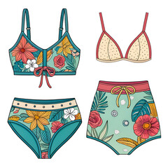 realistic female swimsuit set with isolated icons