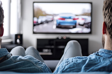Two individuals relaxing on couch, watching movie on large television screen, enjoying cozy atmosphere
