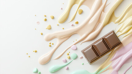 Delicious chocolate bar surrounded by colorful melted chocolate and candy drops, creating playful and vibrant scene