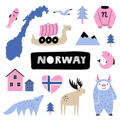 Norway Design with Icon Set. Cute Norwegian Symbols, Nature Elements and Map Vector for Stickers, Prints, Travel Designs.