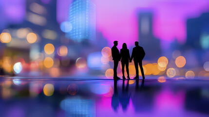 Silhouetted business figures against vibrant cityscape with colorful bokeh lights create dynamic and inspiring atmosphere