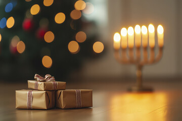 Christmas presents under tree with festive lights and menorah in background create warm holiday atmosphere
