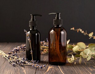 Two bottles of product with dried lavender and eucalyptus