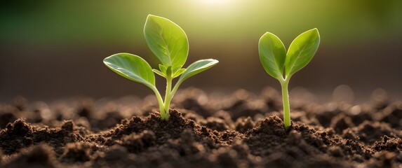 Young Green Seedlings Growing in Fertile Soil Under Warm Sunlight &mdash; Eco & Agriculture Concept.