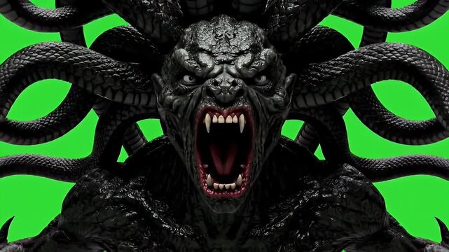 Mythical gorgon monster with snake hair roaring on a green chroma key screen