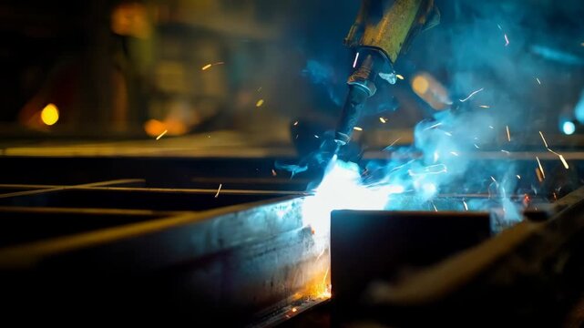 Robotic welder sparks flying as it fuses metal beams together highlighting advanced automated welding techniques in construction.