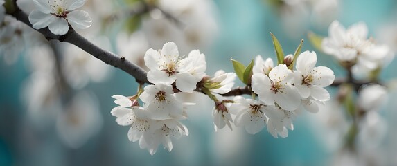 White Cherry Blossom Branch with Soft Turquoise Bokeh &mdash; Spring Floral Close-Up.