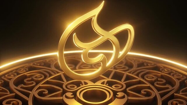 Glowing golden Arabic calligraphy symbol on an ornate circular patterned surface with a dark background and warm lighting.
