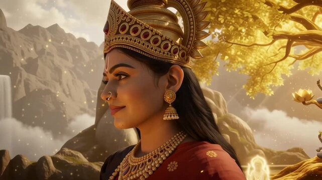 A goddess with a radiant golden aura sits gracefully before a sacred tree, exuding divine serenity, spiritual energy, and mystical presence.