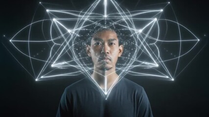 Portrait of a man with short hair wearing a dark shirt, surrounded by glowing white geometric shapes and lines on a black background with a futuristic and technological mood. - Powered by Adobe