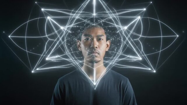 Portrait of a man with short hair wearing a dark shirt, surrounded by glowing white geometric shapes and lines on a black background with a futuristic and technological mood.