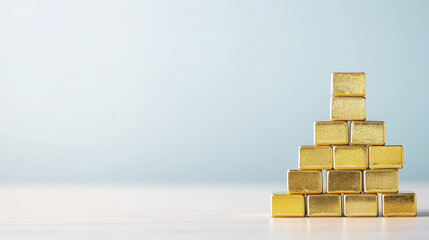Gold bricks stacked in pyramid shape create striking visual against soft blue background, symbolizing wealth and prosperity