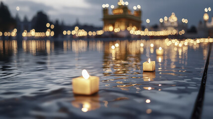 Golden temple illuminated by oil lamps, serene water reflections, peaceful atmosphere, evening light, spiritual ambiance
