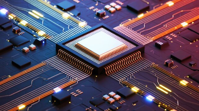 A close-up view of a modern microprocessor on a circuit board, showcasing intricate pathways and connections illuminated by vibrant colors.