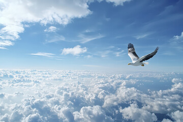 Majestic eagle soaring above fluffy clouds in bright blue sky creates serene and uplifting atmosphere