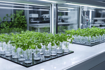 Innovative biotechnology lab with green plants in glass jars, showcasing advanced growth techniques and modern environment