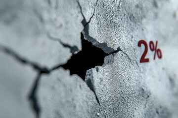 Crumbling wall with visible crack revealing percentage symbol, representing economic concepts and financial analysis