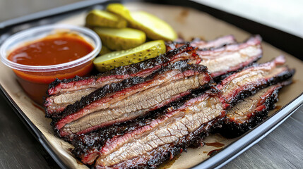 Juicy brisket slices served with pickles and barbecue sauce, showcasing delicious smoky flavor and tender texture
