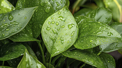 Lush green jungle leaves glistening with water droplets create refreshing and vibrant atmosphere