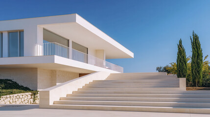 Minimalist architecture with clean lines and modern design, featuring spacious staircase and greenery
