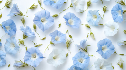 Minimalist watercolor morning glories soft blue and white hues create serene floral arrangement, evoking tranquility