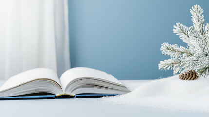 Open book on light blue background with snow and pine branch, creating cozy winter atmosphere