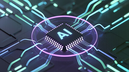 AI microchip glowing with neon circuits and futuristic energy lines on a digital motherboard representing advanced artificial intelligence technology data processing and modern cyber innovation
