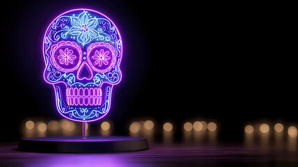 Neon sugar skull with glowing eyes, vibrant colors, decorative design, illuminated art piece, modern aesthetic, festive