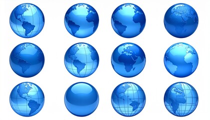 Blue globe icon grid with diverse map projections and stylized Earth views on white background.