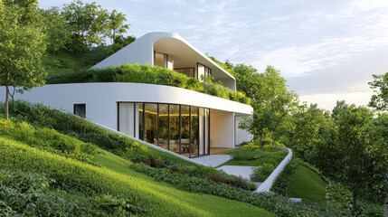 Organic architecture house design with lush greenery surrounding, showcasing modern aesthetics and harmony with nature