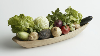 Fresh organic vegetables arranged in wooden bowl, showcasing vibrant colors and textures, perfect for healthy meals