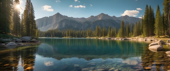 Tranquil Alpine Lake with Pine Forest, Mountain Range and Clear Reflections in Sunlight