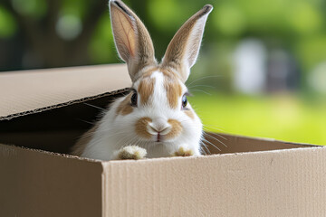 Cute rabbit peeks out from cardboard box, showcasing its fluffy fur and expressive eyes in vibrant outdoor setting