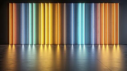 Vibrant retro style stage lighting creates bold geometric display with colorful vertical lines reflecting on floor